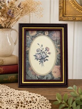 Vintage 5x7 Floral Framed Wall Art Burgundy Gold Cottagecore Botanical